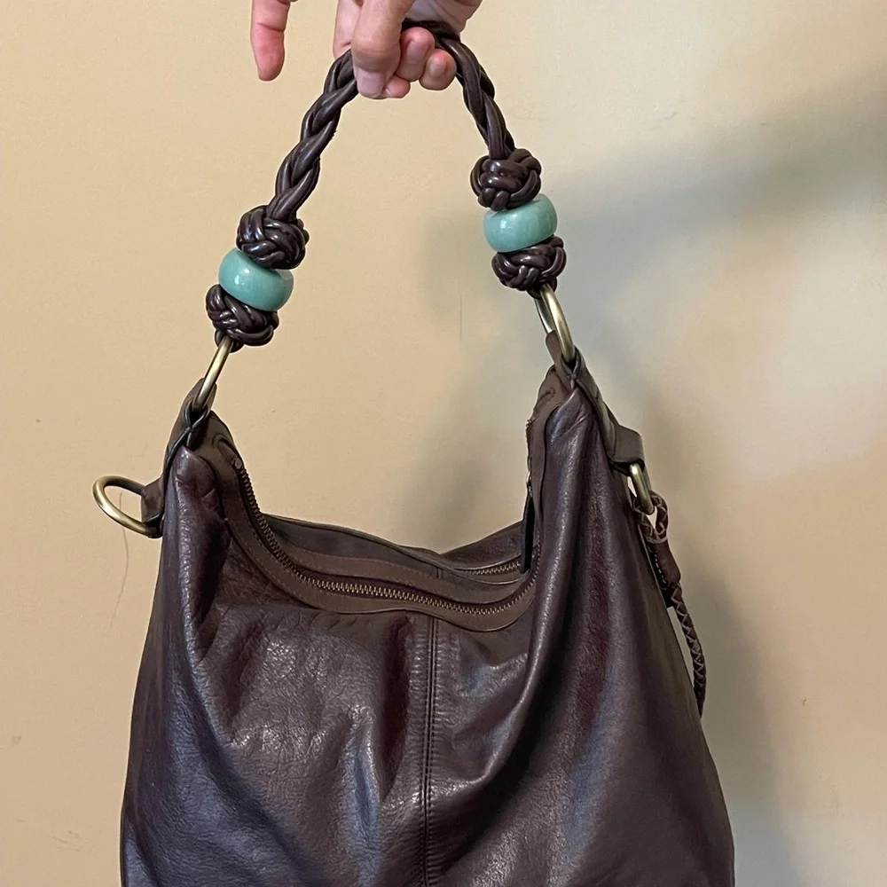 Shanghai Tang Brown Leather Hobo with Jade Bead Accents